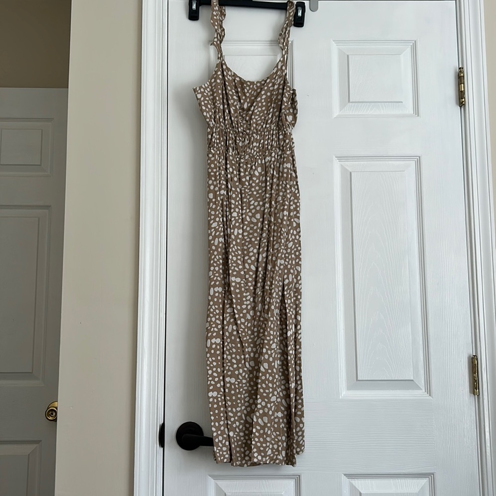Women’s midi dress beige and white polka dot
